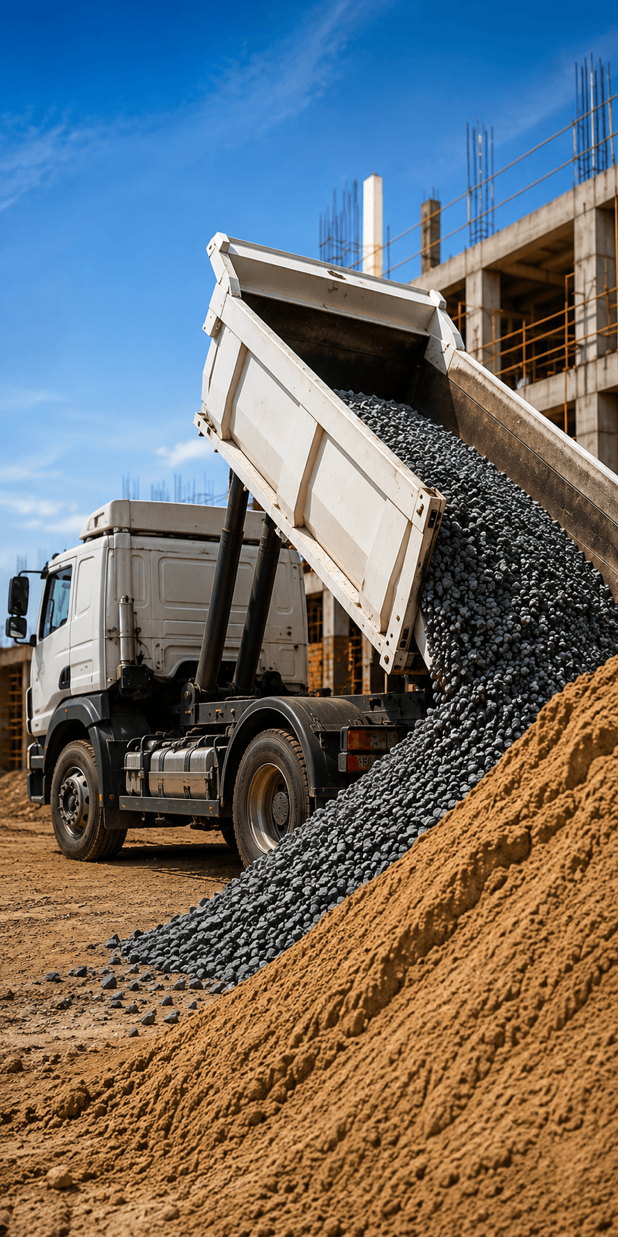 Caminhão da Aremar Transportes descarregando brita sobre areia em um canteiro de obras