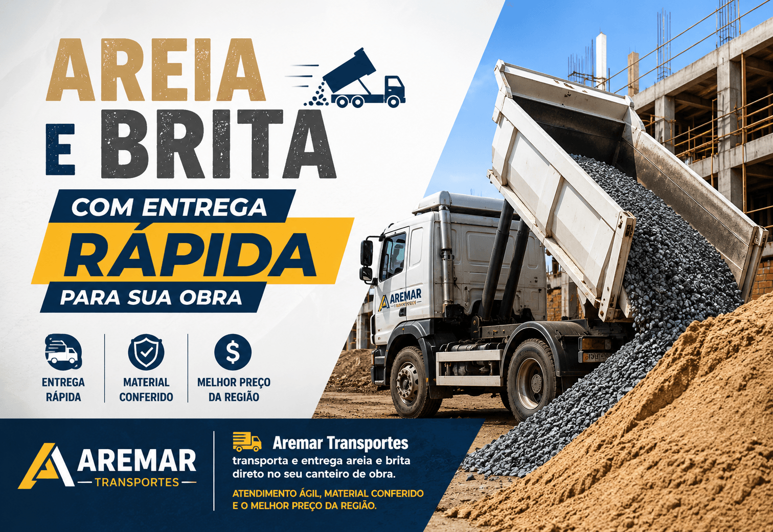 Aremar Transportes - Areia e brita com entrega rápida para sua obra. Entrega rápida, material conferido e o melhor preço da região.